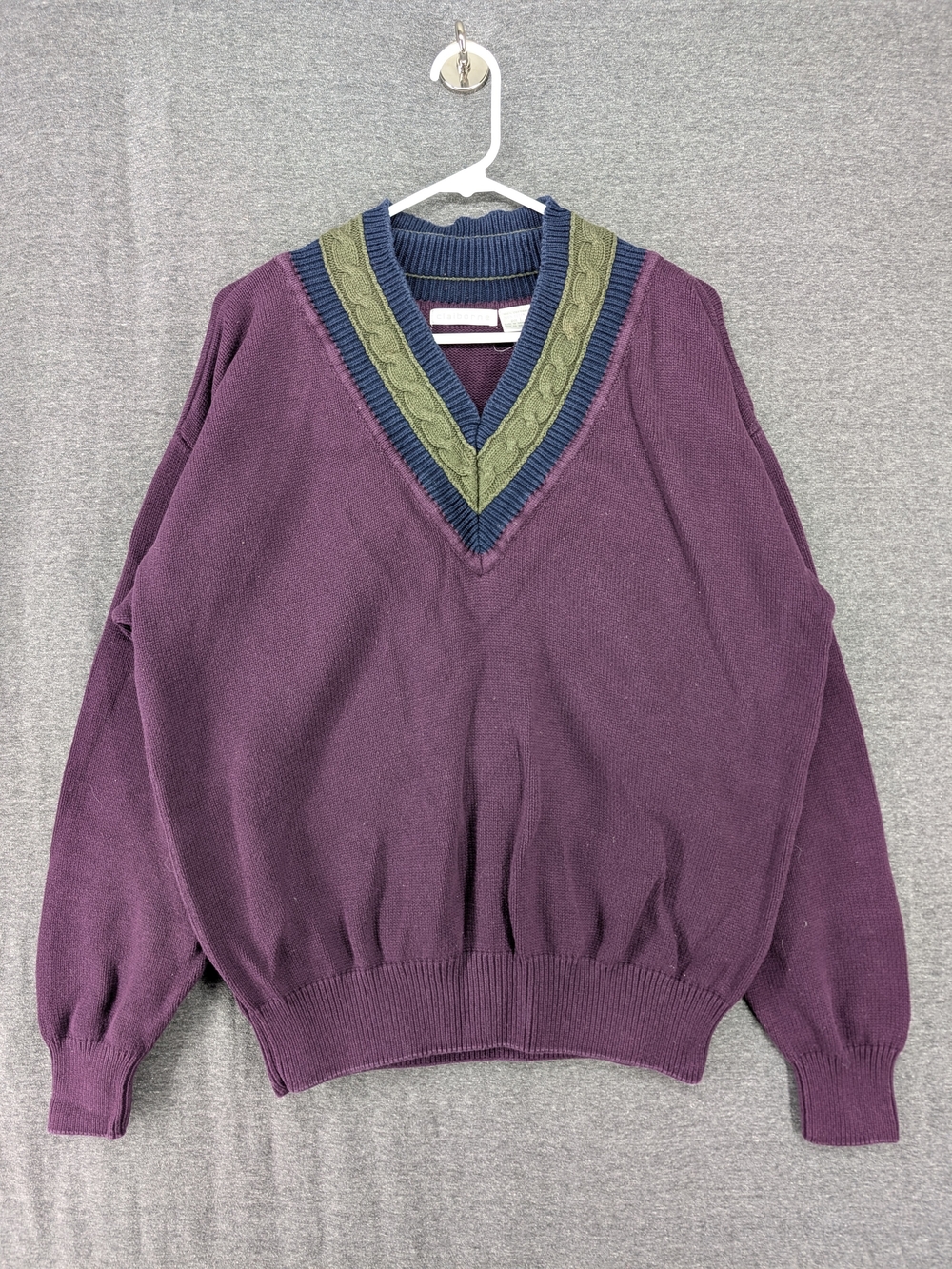 Claiborne Women's V-Neck Sweater in Plum with Navy and Olive Trim
